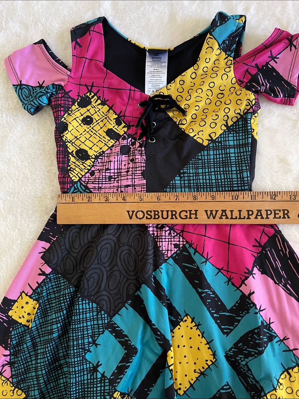 Nightmare B4  Girls Patchwork Print Cold-Shoulder Twirl Dress - Pink/Yellow/Teal - Picture 5 of 5